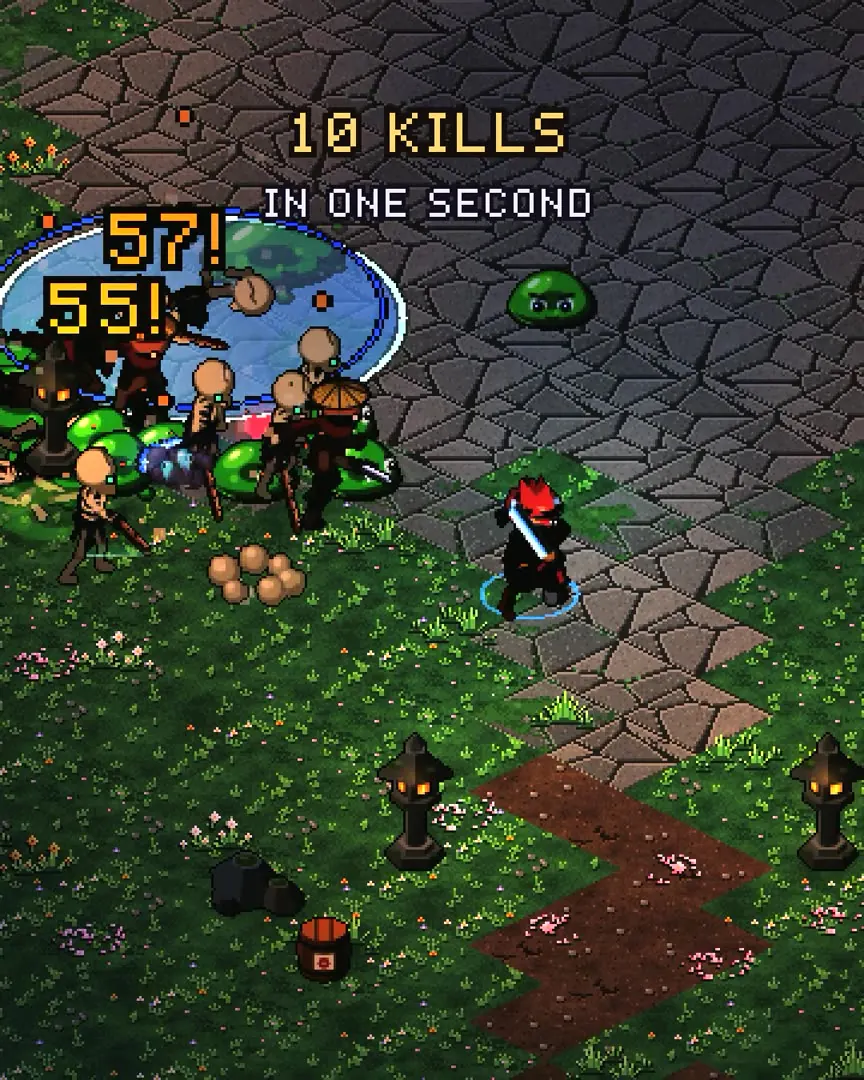 A horde of bandits and slimes on the shrine steps