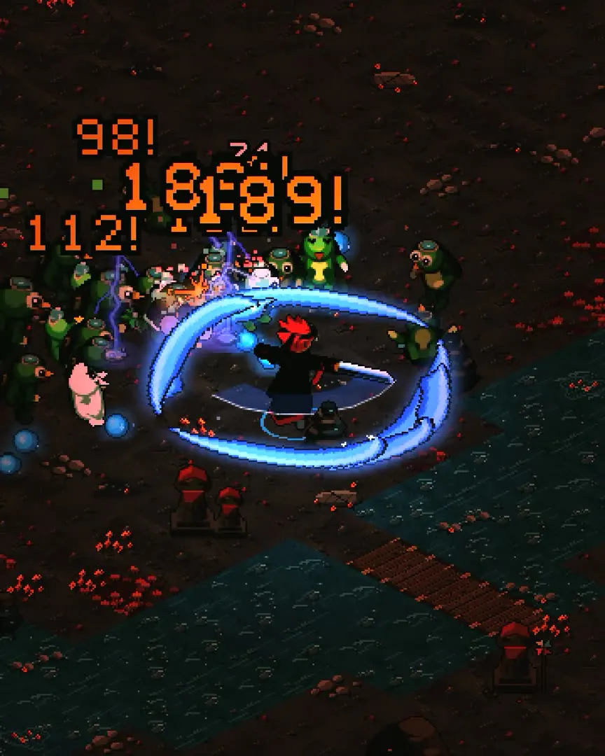 A spin slash clears a ring of yokai in Maple Gorge
